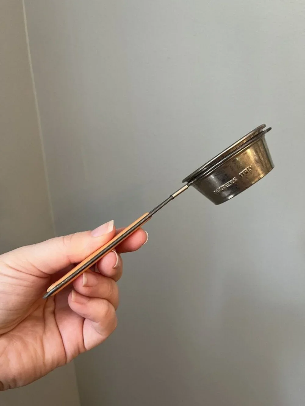 Progressus Italy Metal Tea Strainer With Orange Bakelite Handle Vintage Sieve Fo